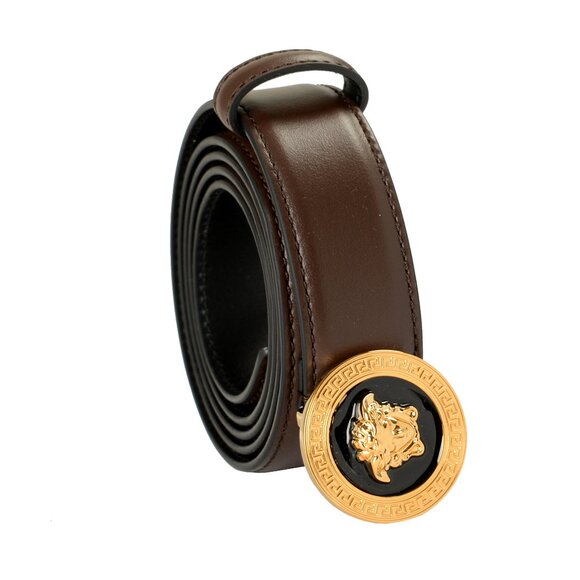 Versace Brown 100% Leather Gold Medusa Head Logo Decorated Belt US 34 IT 85 - Picture 1 of 5